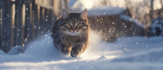 A playful tabby cat dashing through snow, with snowflakes glimmering in the sunlight, capturing the joy of wintertime fun.