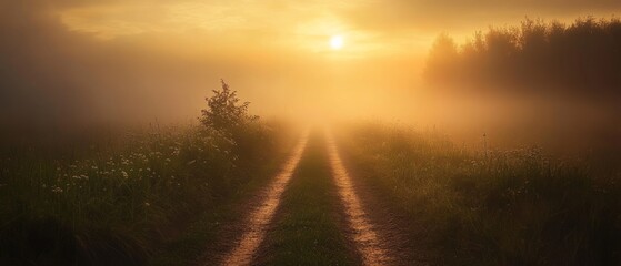 A mist-cloaked path leads into a luminous sunrise, flanked by dewy fields and dense forests, evoking the dawn of new beginnings.