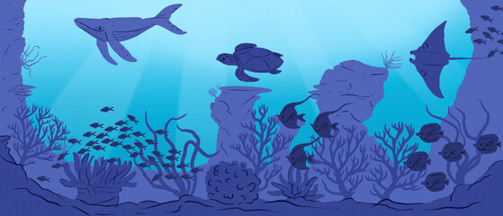 Illustration of diverse marine life in an underwater scene