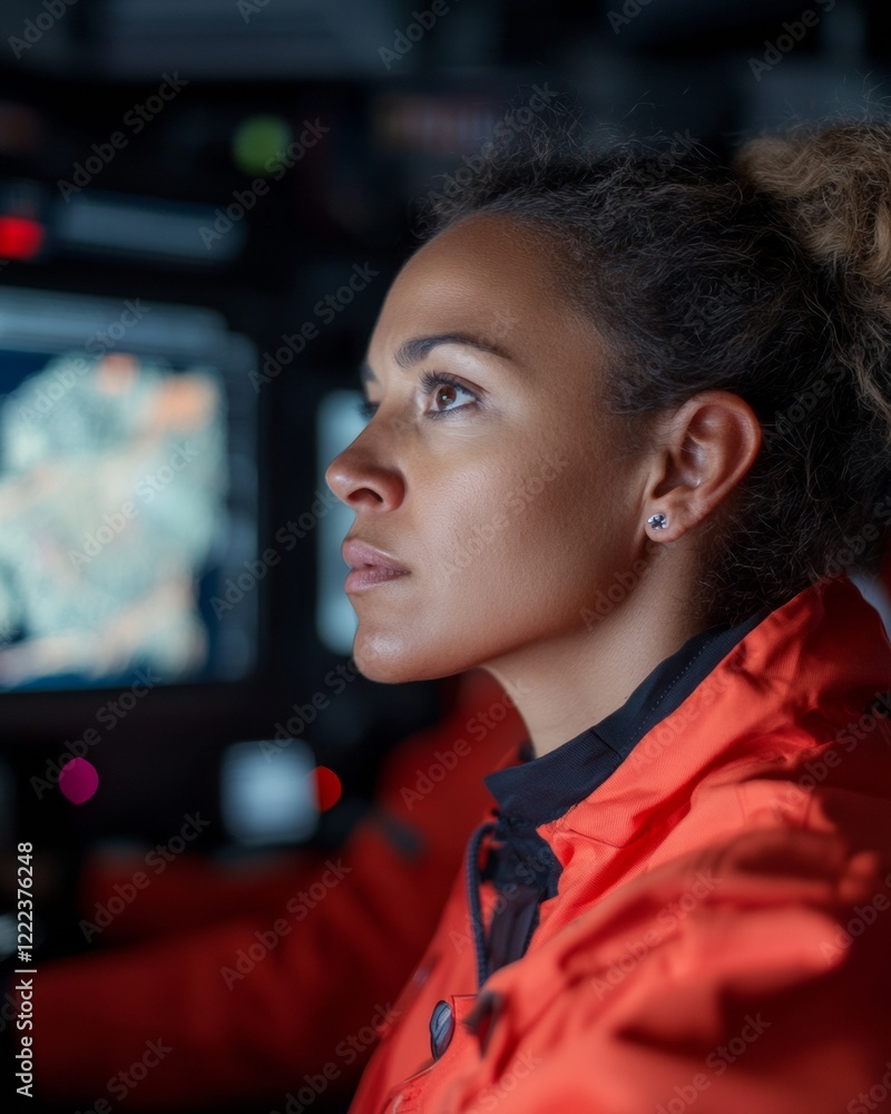 Poster Dynamic Tech Aesthetic Female Professional Engaged with Advanced Navigation System in Command Center Cutting-Edge Digital Operations and Strategic Decision-Making Hub