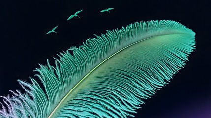 Teal Ostrich Feather with Flying Birds Abstract Art