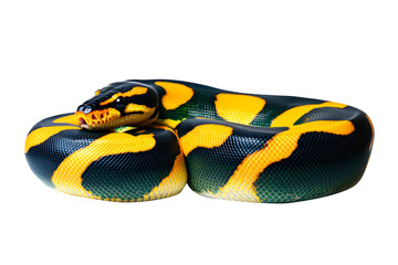 Fototapeta premium Coiled yellow and black patterned snake, isolated on white transparent background, reptiles or wildlife, symbolizing Chinese Lunar New year