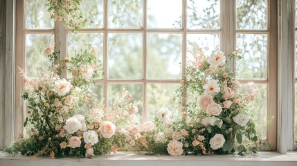 A vintage-style window framed with soft floral arrangements, ideal for maternity or wedding photos