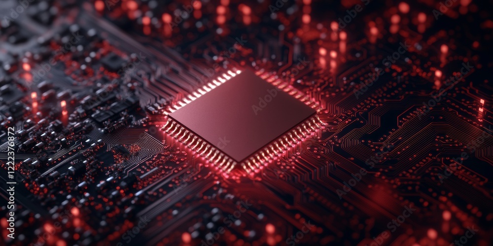 Fototapete Futuristic AI Microchip Design Red Illuminated Circuit Board with Cutting-Edge Nanotechnology - Innovation in Tech Manufacturing and Smart Devices Enhancement