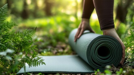 Woman rolling yoga mat outdoors, forest background, fitness
