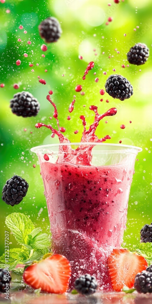 Poster refreshing berry smoothie splash in vibrant nature setting
