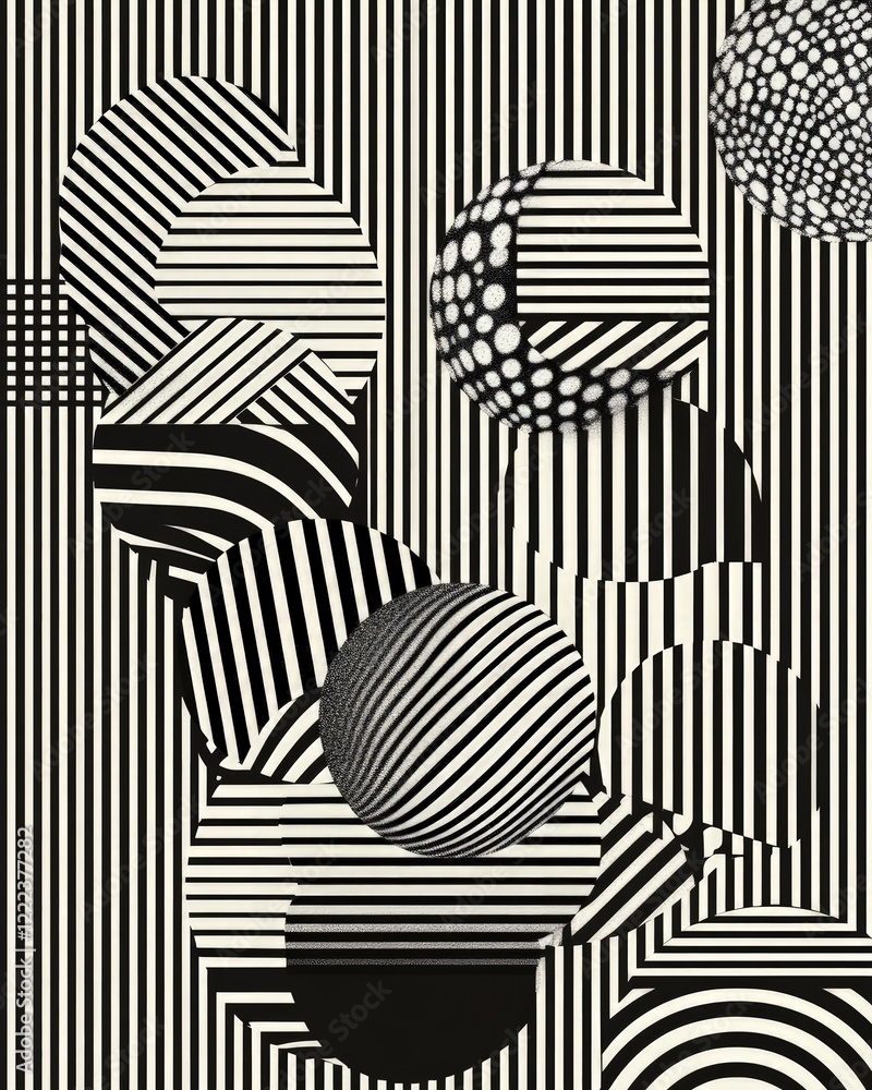Aufkleber abstract black and white geometric pattern with overlapping circles and stripes: a visual illusion