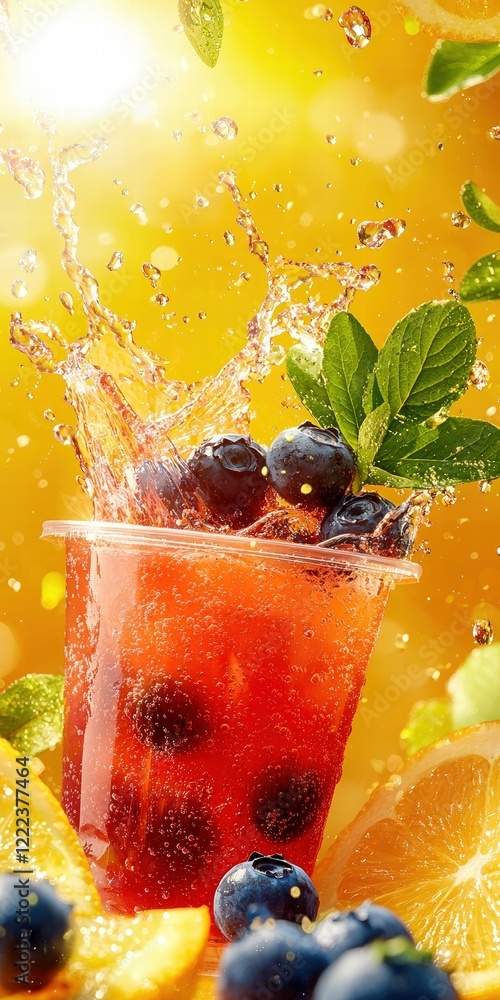 Poster refreshing blueberry splash drink with mint and citrus elements