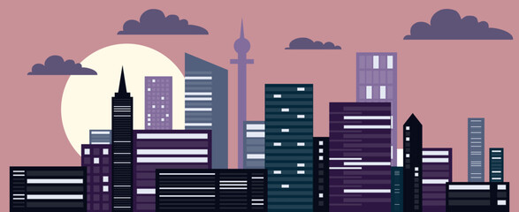 Night city, view of night cityscape with clouds. Vector, cartoon illustration. Vector.