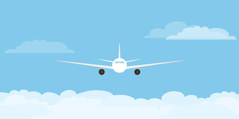 Airplane flying above clouds, airplane icon on blue sky background. Vector, cartoon illustration. Vector.