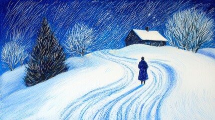Solitary Figure Walking Through Snowy Landscape Under Starry Sky