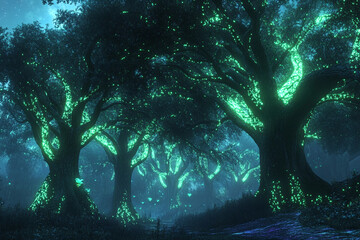 Obraz premium Enchanted forest filled with glowing lights and magical atmosphere at night