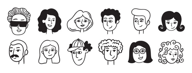 people avatars for social media, website doodle hand drawn icon set. Outline drawing trendy portraits girls and guys line clipart symbol collection. 