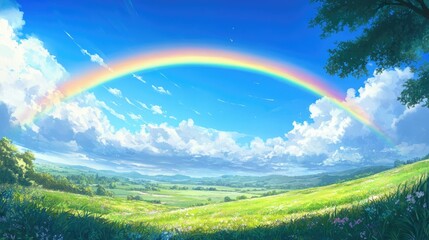 Naklejka premium A wide shot of a rainbow over a green plain, with the bright blue sky meeting the horizon, exuding peace and natural beauty