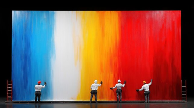 Four painters work together to create a colorful abstract mural featuring blue, yellow, and red hues in a spacious indoor venue during the day
