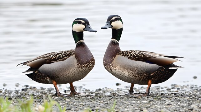 Two Elegant Ducks Facing Each Other by Water