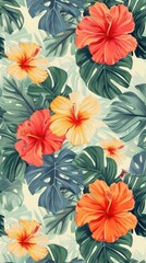 Realistic vintage drawing of spring flowers backgrounds hibiscus plant.