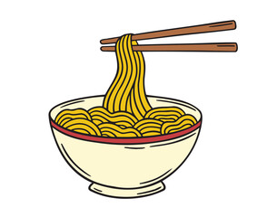 Bowl of noodle with chopsticks doodle hand drawn cartoon colored icon. Outline drawing bowl of noodle with chopsticks line clipart symbol