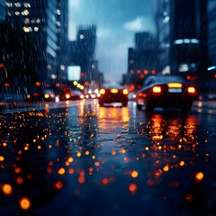 Obraz premium Cityscape with Rain and Reflections on a Wet Street at Night