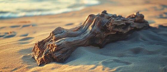 A piece of driftwood rests on sandy shores, its textured surface catching the warm golden light,...