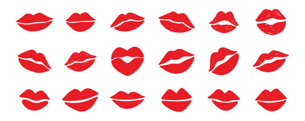 lips kiss clipart. lips kiss hand drawn silhouette symbols. Decor red lips cartoon drawing elements set