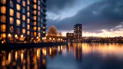 Naklejka premium Serene Cityscape Reflection at Dusk with Illuminated Architecture
