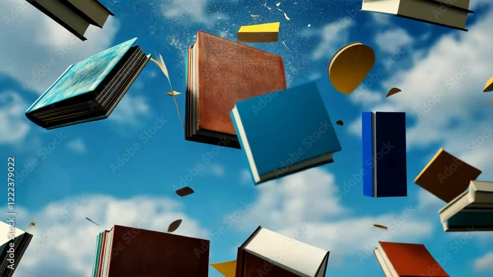 Poster scene where books are flying through the air, with some of them landing on the ground. the books are
