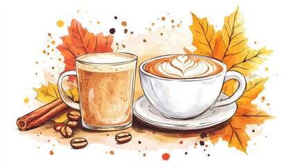 Coffee drink in cup. Barista and cafe vector icon set. Autumn americano and espresso elements for breakfast. Cinnamon, sugar, caffeine bean and mug cartoon design for shop business. Cute ingredient