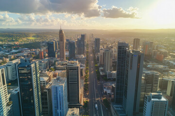 Urban skyline reflecting in calm water during late afternoon with clouds in the sky
