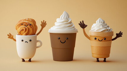 Groovy coffee mascot characters collection - maker showing victory sign, ceramic mug and full pot making give five gesture, latte cup with croissant hugging, latte glass topped with whipped cream.