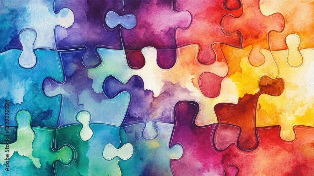 Poster abstract watercolor puzzle design with vibrant colors and interlocking shapes representing unity