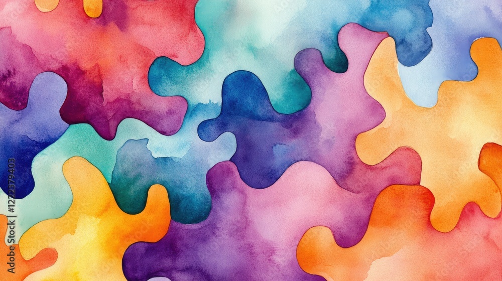 Poster abstract watercolor puzzle design with vibrant colors and interlocking shapes representing unity