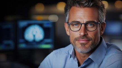 Obraz premium man with short gray hair and glasses sits in a modern workspace. His expression is confident, and he is illuminated by soft lighting from multiple screens behind him