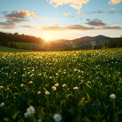 Tranquil Sunset Over the Green Meadow with Blooming Wildflowers