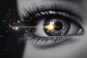 Naklejka premium A minimalist design of a single eye with a galaxy reflected in the iris, symbolizing awe and fascination, drawn in bold, clean lines