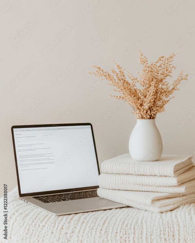 Poster minimalist workspace aesthetic sleek laptop with crisp white vase and soft knit textures - modern co