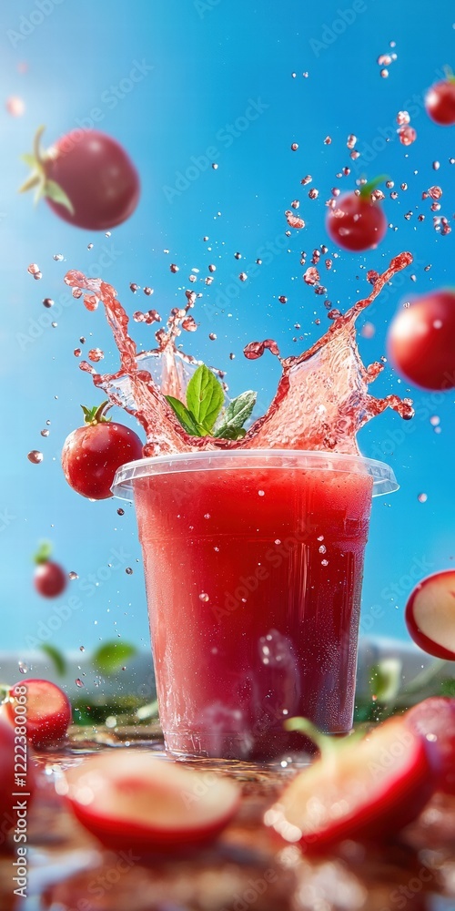 Poster Refreshing Tomato Beverage Splashing in Vibrant Summer Setting