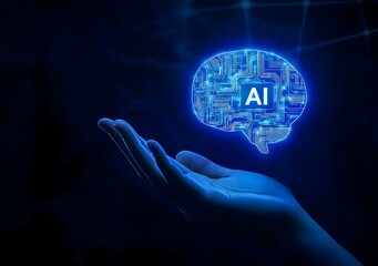 Hand holding digital AI brain hologram, artificial intelligence and futuristic technology concept