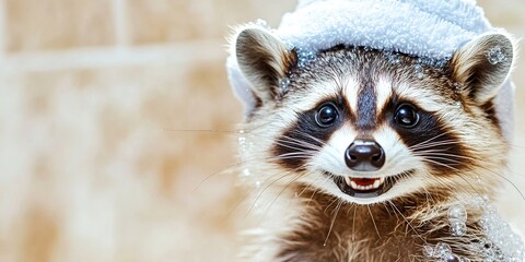 happy raccoon, bubble foam, wearing towel on head, solid background