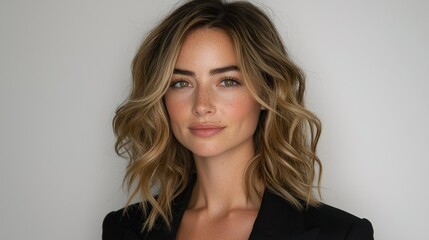 Naklejka premium Stunning Woman with Wavy Blonde Hair in a Black Blazer