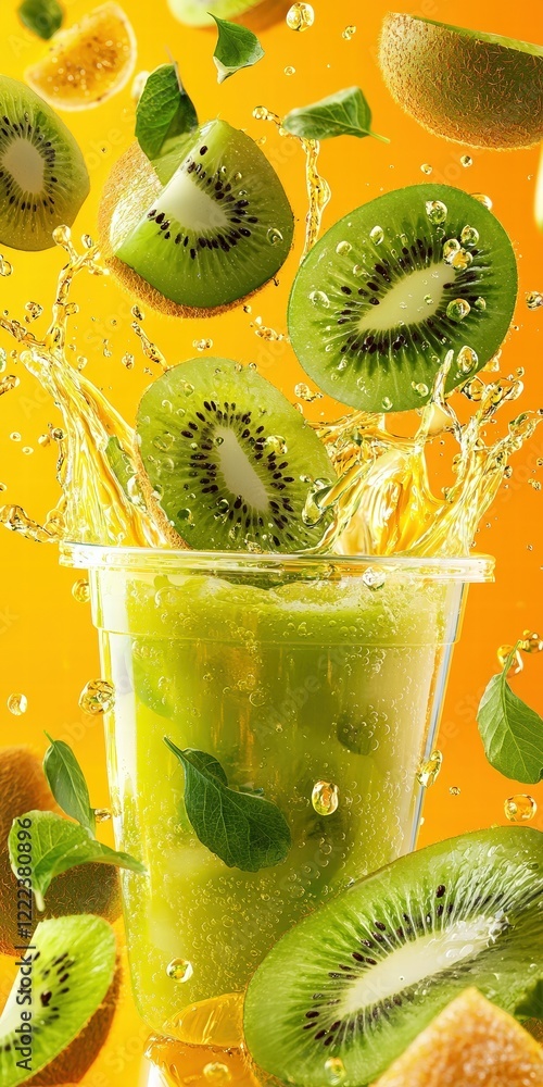 Poster refreshing kiwi beverage splash with slices and mint leaves
