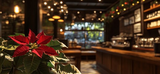 Cozy Christmas Cafe Ambiance: Festive Poinsettia in a Warm, Inviting Coffee Shop Setting