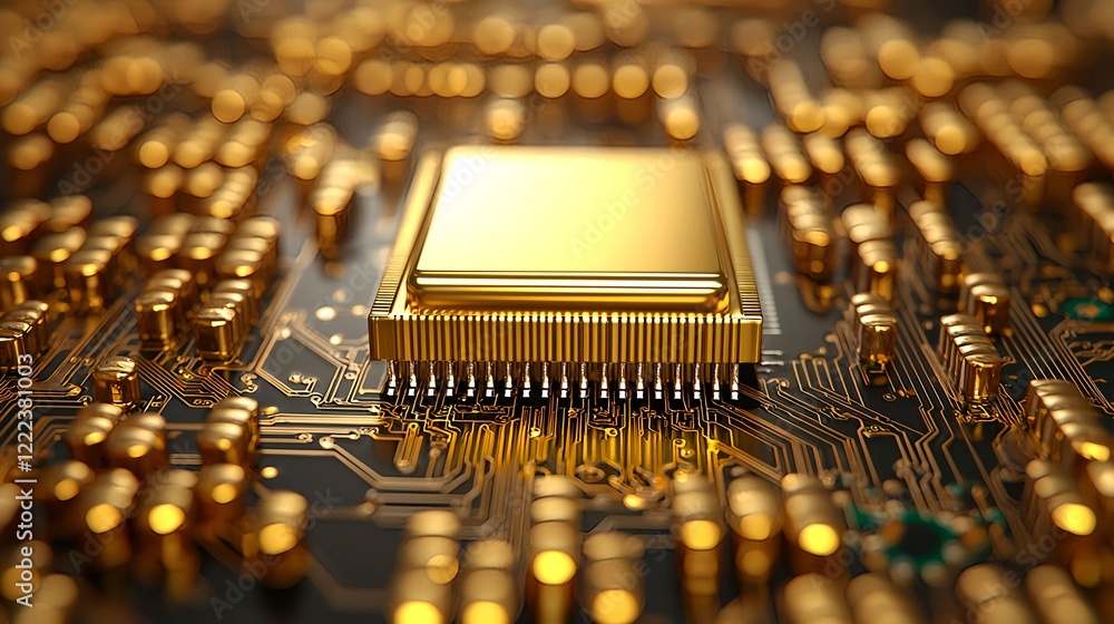 Poster golden microchip surrounded by circuit board on dark background