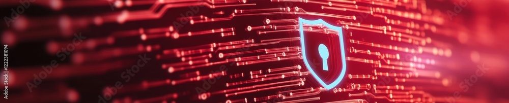 Aufkleber Futuristic Digital Security Visualization Neon Circuitry with Illuminated Shield and Lock - Advanced Cybersecurity and Encryption for Modern Business Solutions