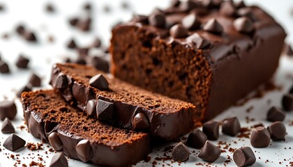Delicious Chocolate Loaf Cake Slices Garnished With Chocolate Chips White Background