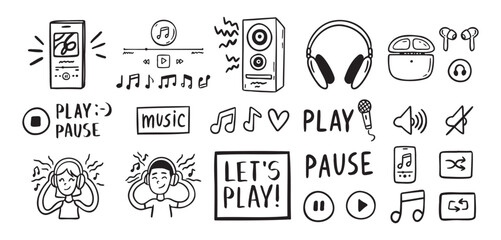 Audio music listening concept sound doodle hand drawn icon Set. Headphones interface buttons musical notes