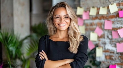 young woman with long hair and glasses stands confidently in a chic workspace filled with natural light. Colorful sticky notes are displayed on a brick wall, adding a creative touch