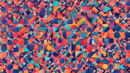 Abstract geometric pattern with vibrant orange, teal, and blue shapes creating a dynamic, colorful background.