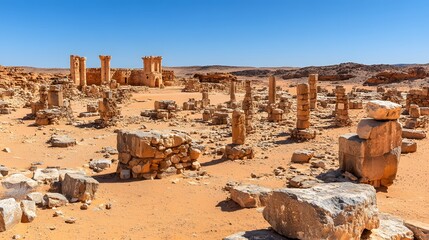Ancient Desert Ruins Sun-Drenched Stone Pillars and Walls