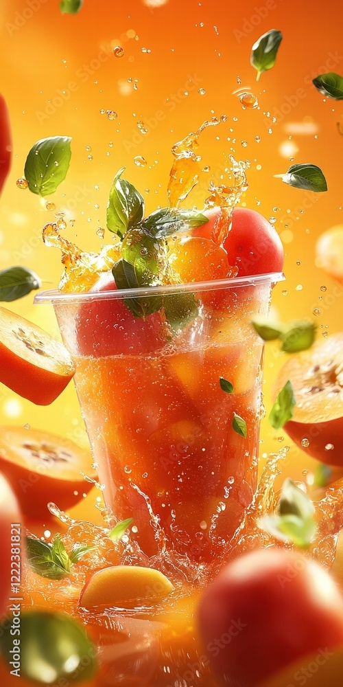 Poster Refreshing Fruit Beverage Splash with Basil Garnish and Citrus Flare